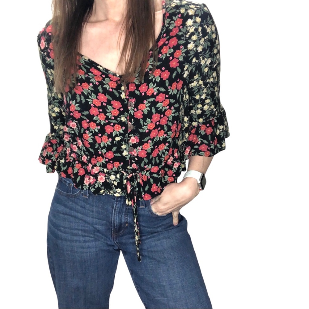 Patron’s of Peace Floral Blouse Top Sz M Cropped Feminine Festival Boho Romantic